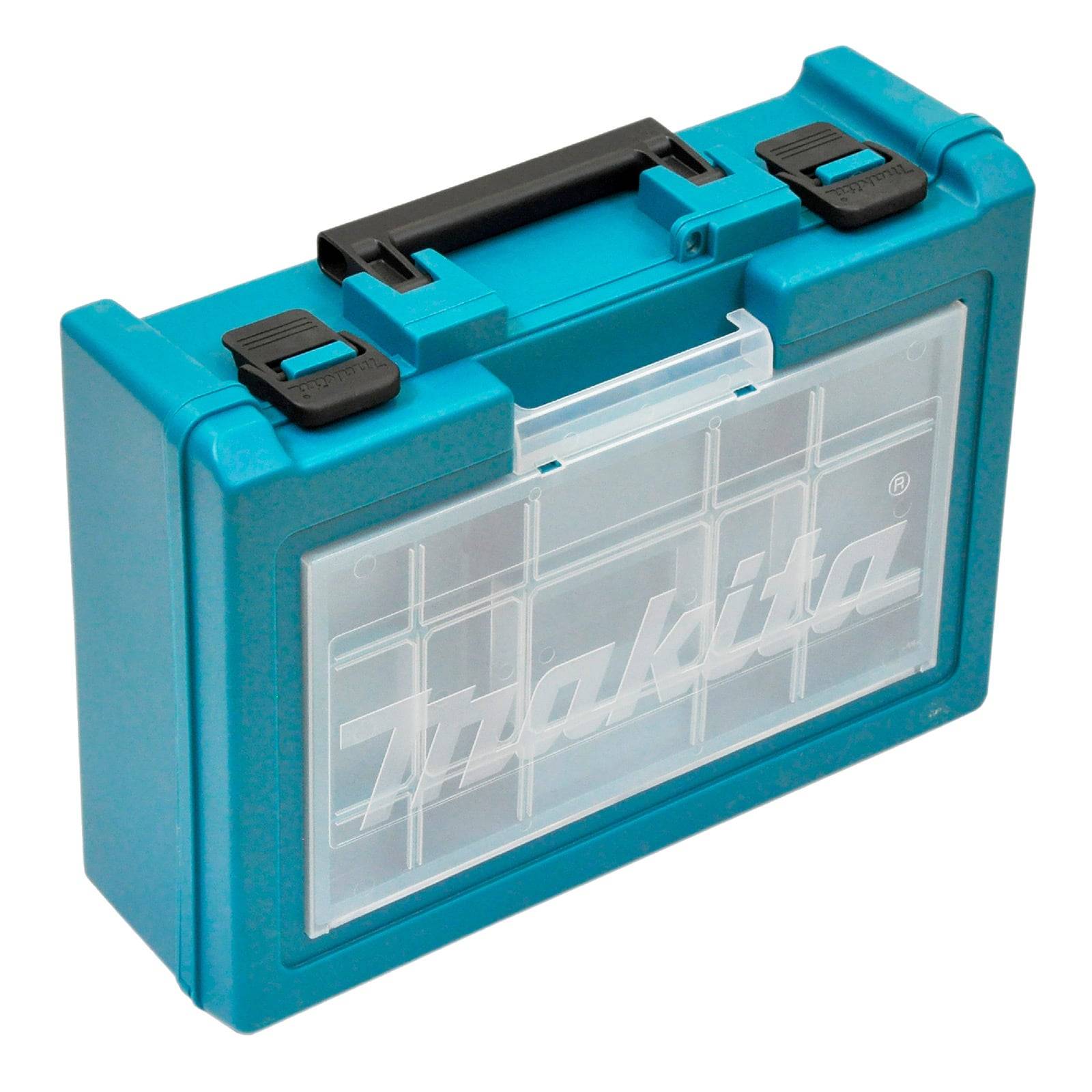 Ein blauer Makita Werkzeugkoffer mit einer durchsichtigen Frontscheibe, ausgestattet mit einem robusten Griff und sicheren Verschlüssen für transportable Aufbewahrung.