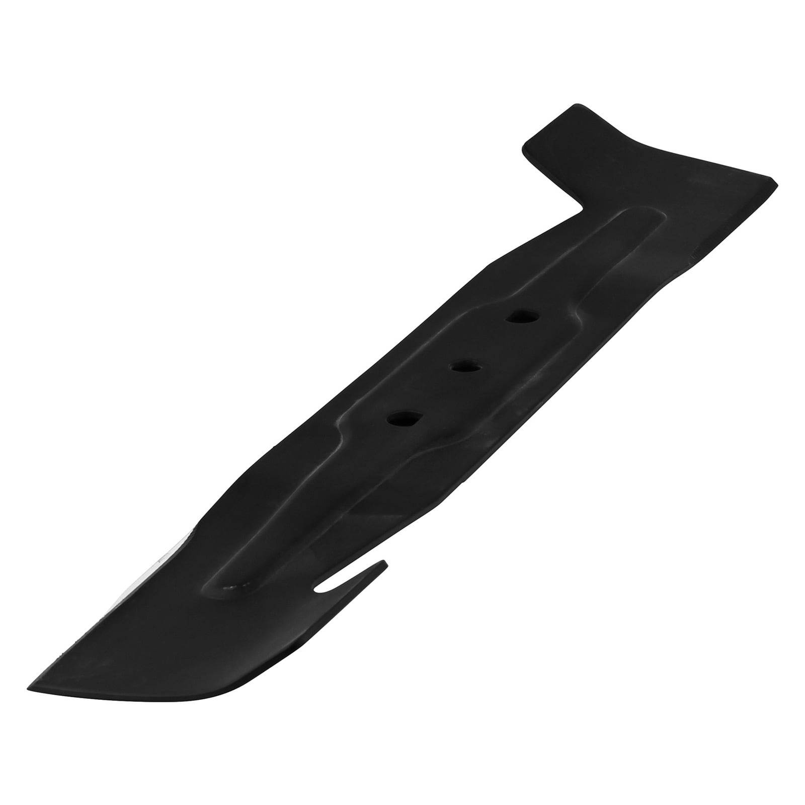 Eine schwarze Rasenmähermesser mit drei Löchern und einer geschwungenen Gestaltung.