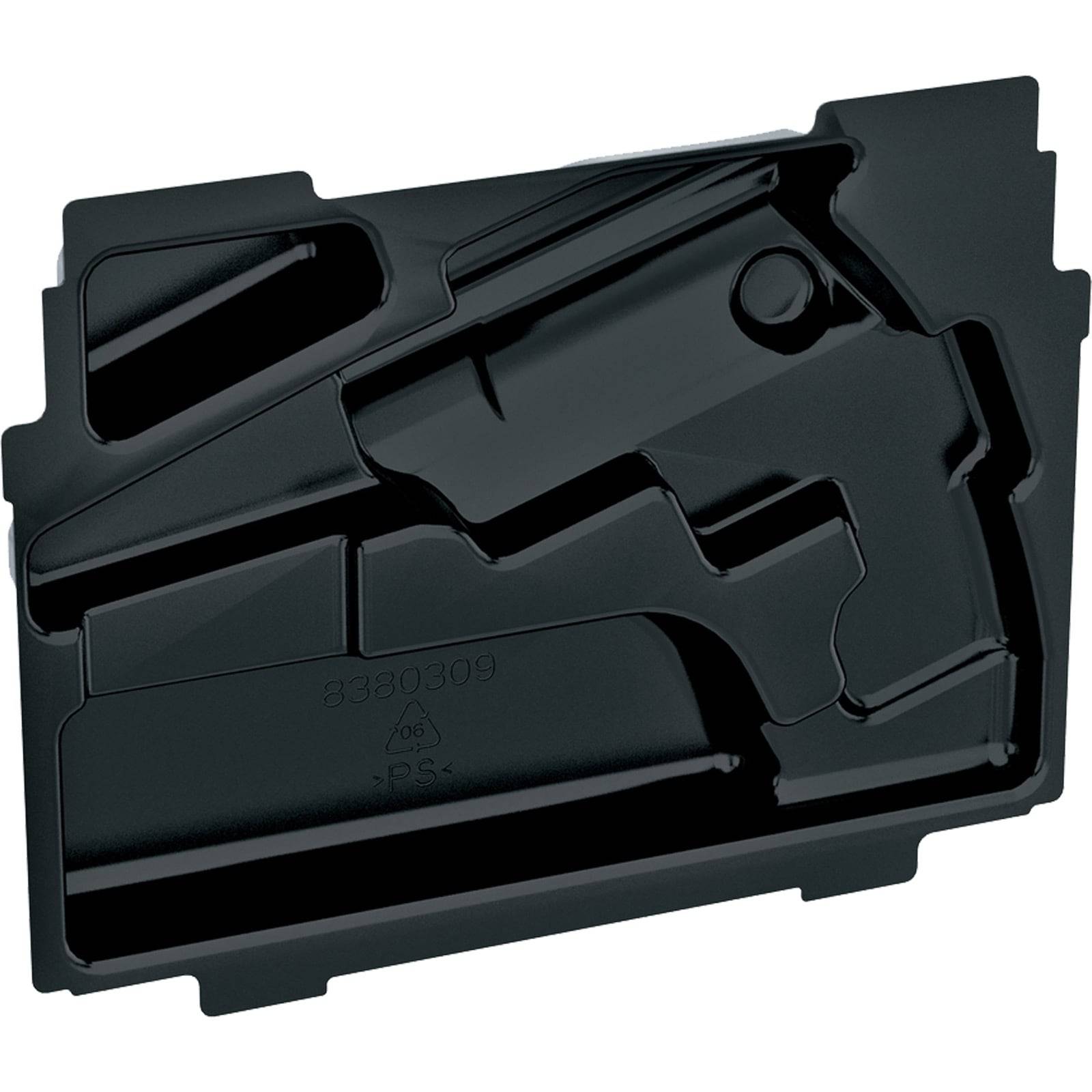 Ein schwarzes Plastiktablett, das entwickelt wurde, um einen kabellosen Bohrer und sein Zubehör zu halten, mit geformten Vertiefungen, die speziell für jedes Werkzeugstück vorgesehen sind.