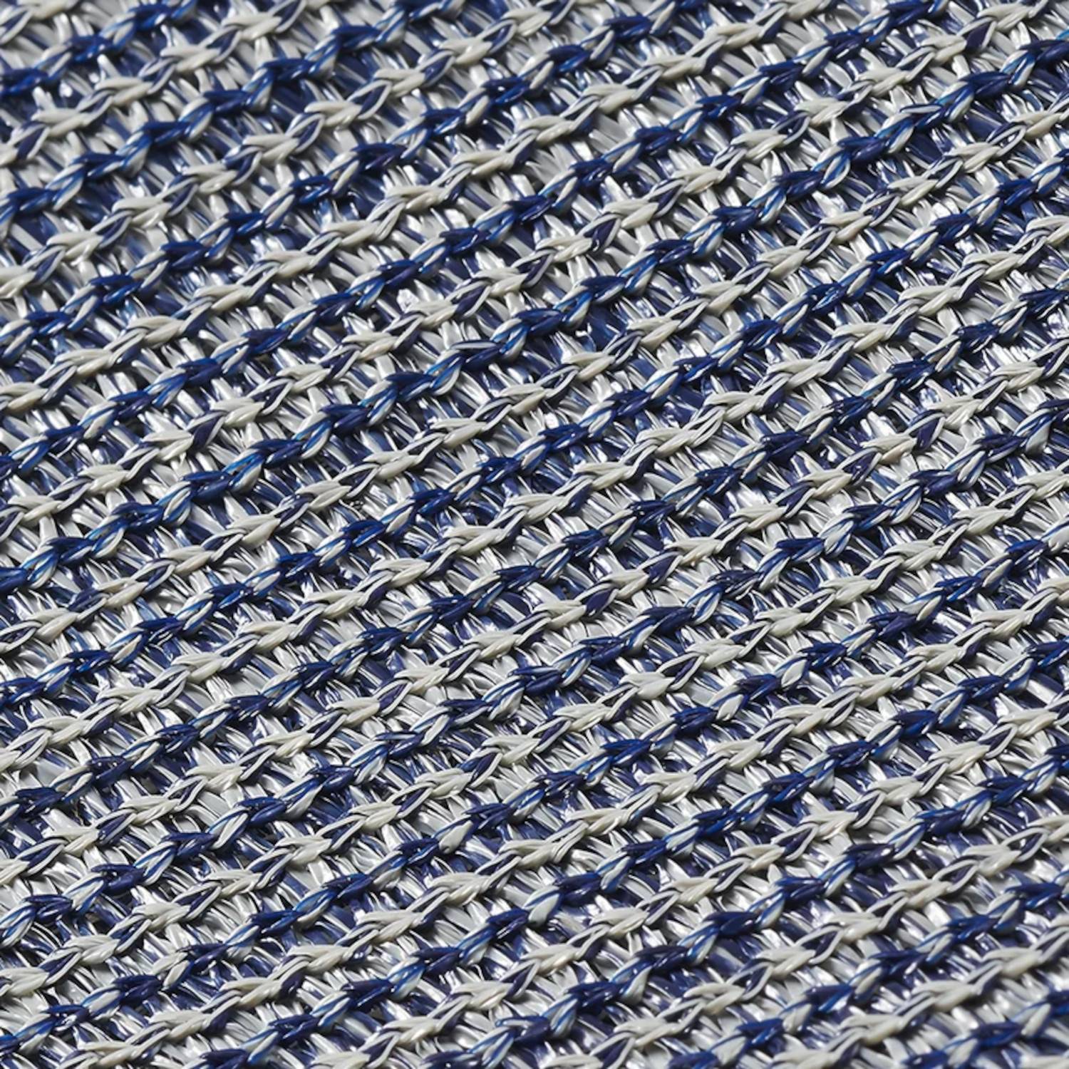 Nahaufnahme von verflochtenen blauen und silbernen Fasern, die ein strukturiertes Fabricmuster erzeugen und die kunstvolle Webtechnik hervorheben.