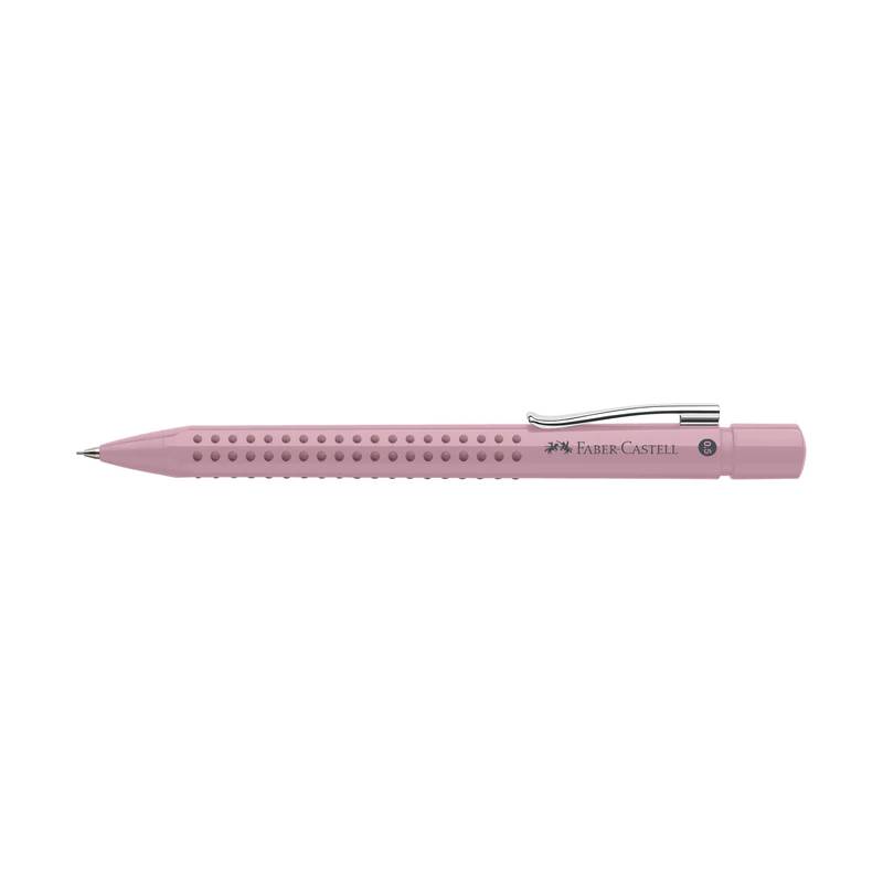 Rosa Faber-Castell Druckbleistift mit strukturiertem Griff und silbernem Clip, gezeigt auf weißem Hintergrund.
