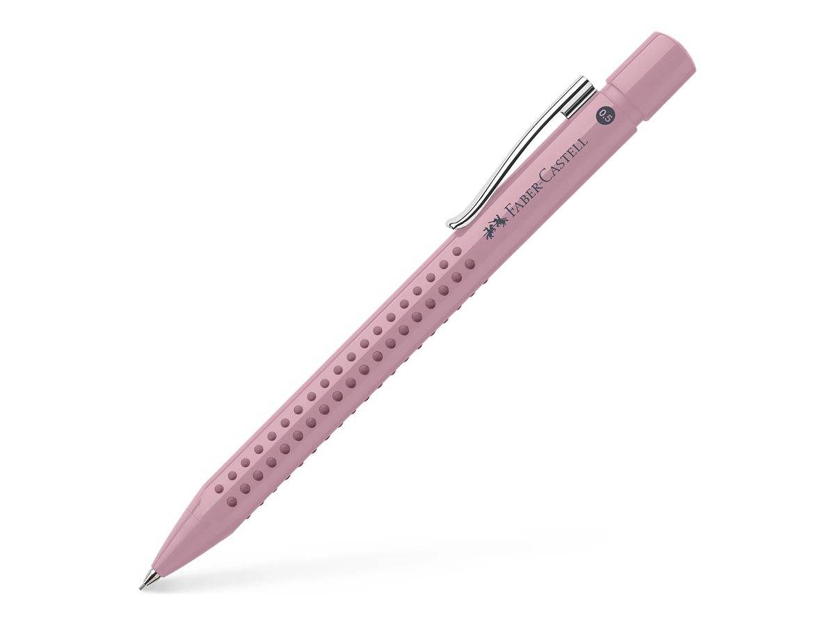 Rosafarbener Faber-Castell Druckbleistift mit silbernem Clip und gepunkteter Griffzone auf weißem Hintergrund.