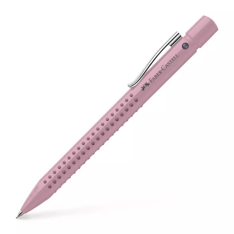Rosa Faber-Castell Druckbleistift mit strukturierter Griffzone und silbernem Clip, auf weißem Hintergrund abgebildet.