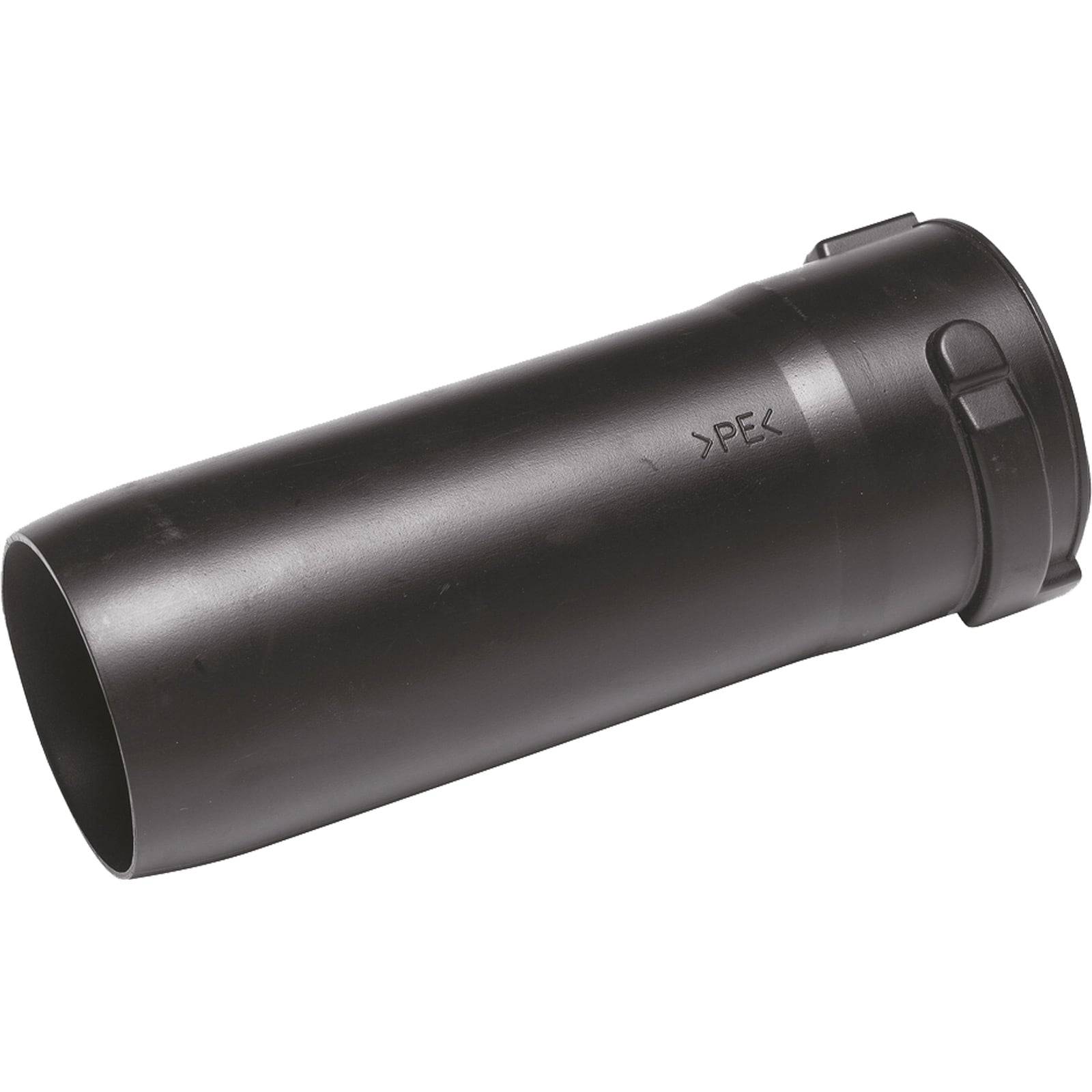 Ein schwarzer zylindrischer Kunststoffrohr mit glatter Oberfläche und einem Pfeil, der mit 'P.E.' markiert ist. Es scheint sich um eine Komponente für Sanitär- oder Bauarbeiten zu handeln.