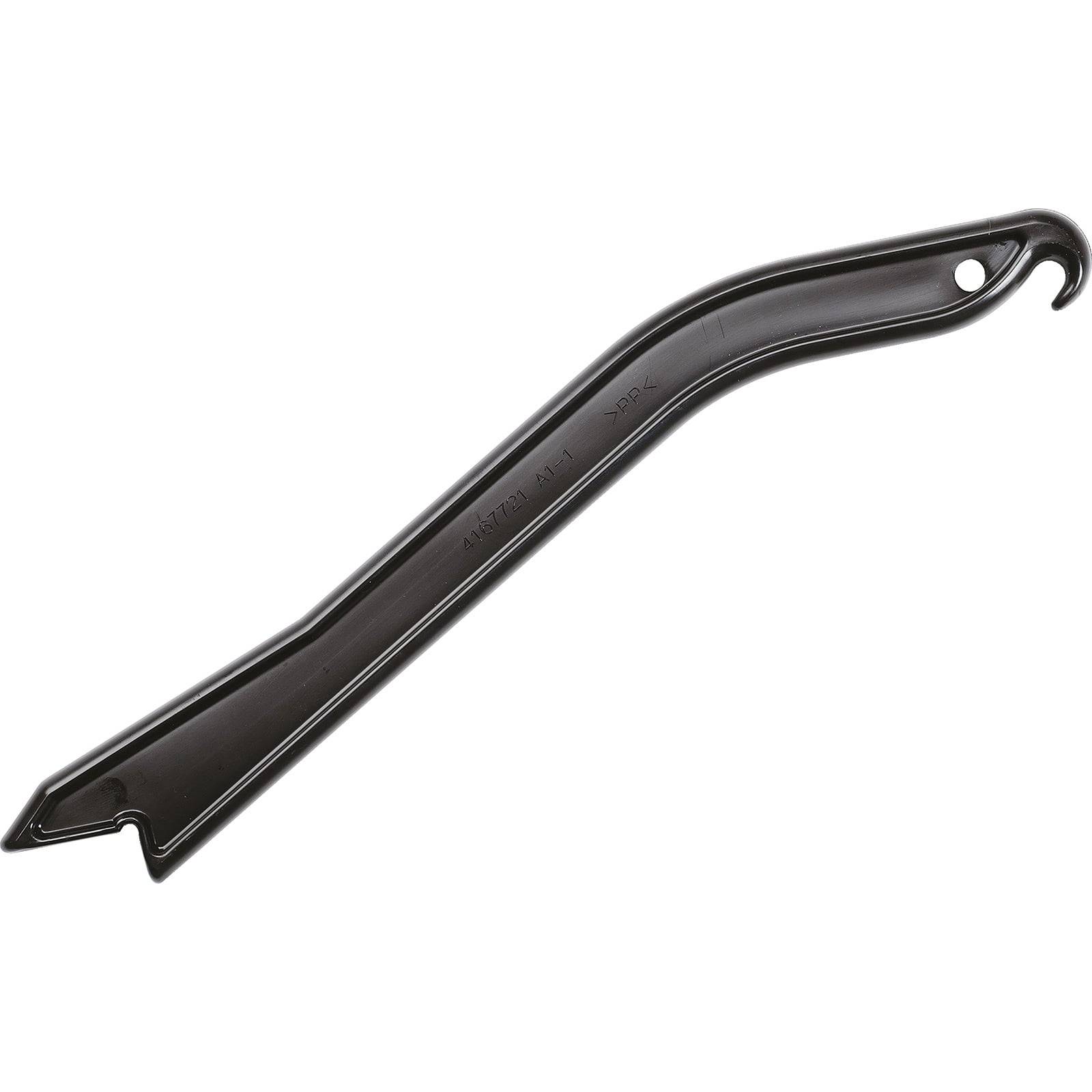 Schwarzes Metallwerkzeug mit einem flachen, spitzen Ende und einem gebogenen Haken auf der gegenüberliegenden Seite, das zum Entfernen von Autotürverkleidungen oder Befestigungsclips verwendet wird.