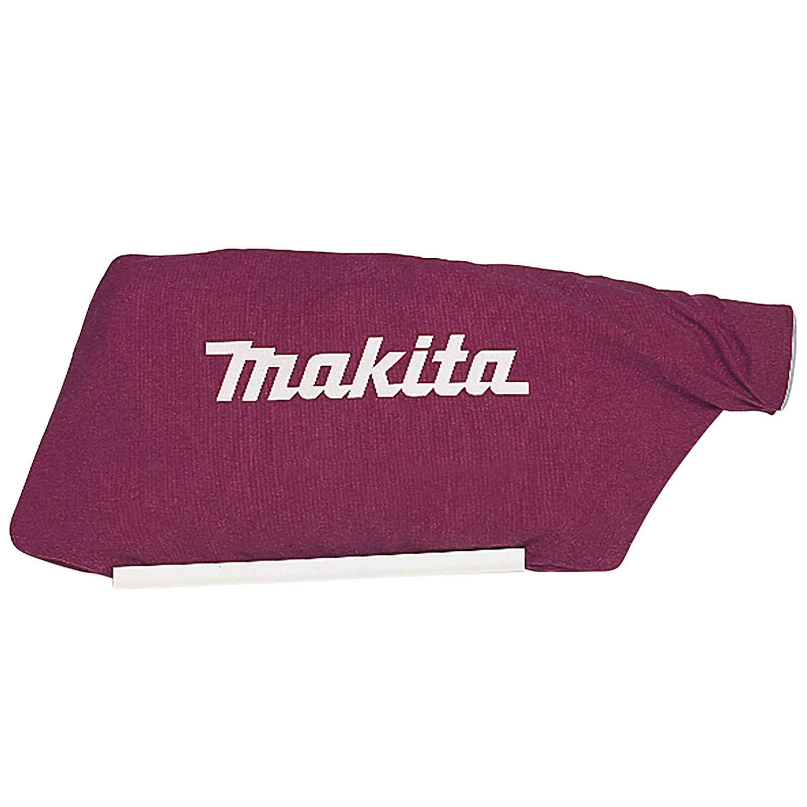 Ein marronefarbener Staubbeutel mit dem Wort 'Makita' in Weiß, der zum Sammeln von Staub bei Elektrowerkzeugen verwendet wird.