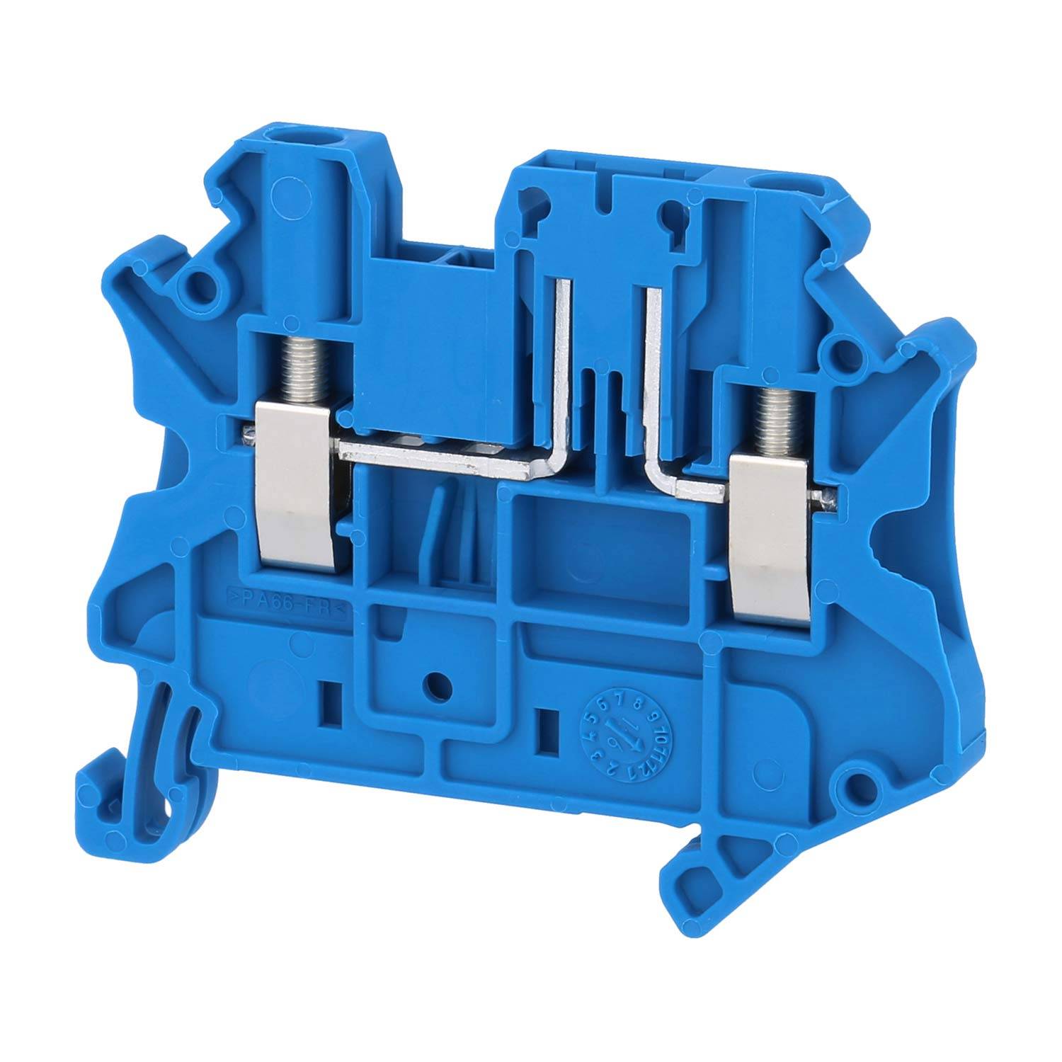 Ein blaues elektrisches DIN-Schienenklemmenblock mit zwei metallischen Schraubverbindungen, verwendet zum Befestigen und Verbinden von Drähten in einem elektrischen Schaltschrank.