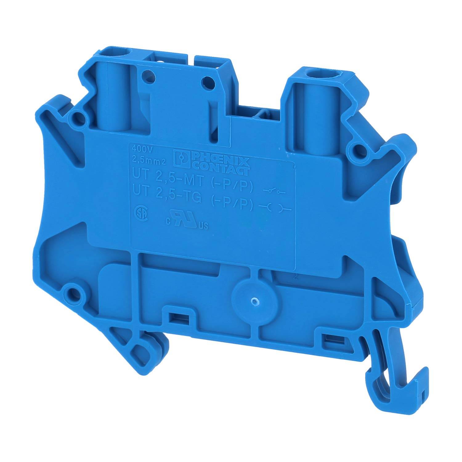 Blauer Kunststoff-Klemmenblock für Drähte mit mehreren Anschlüssen, gekennzeichnet mit '2,5 mm²' und '600V', verwendet in elektrischen Verdrahtungssystemen.