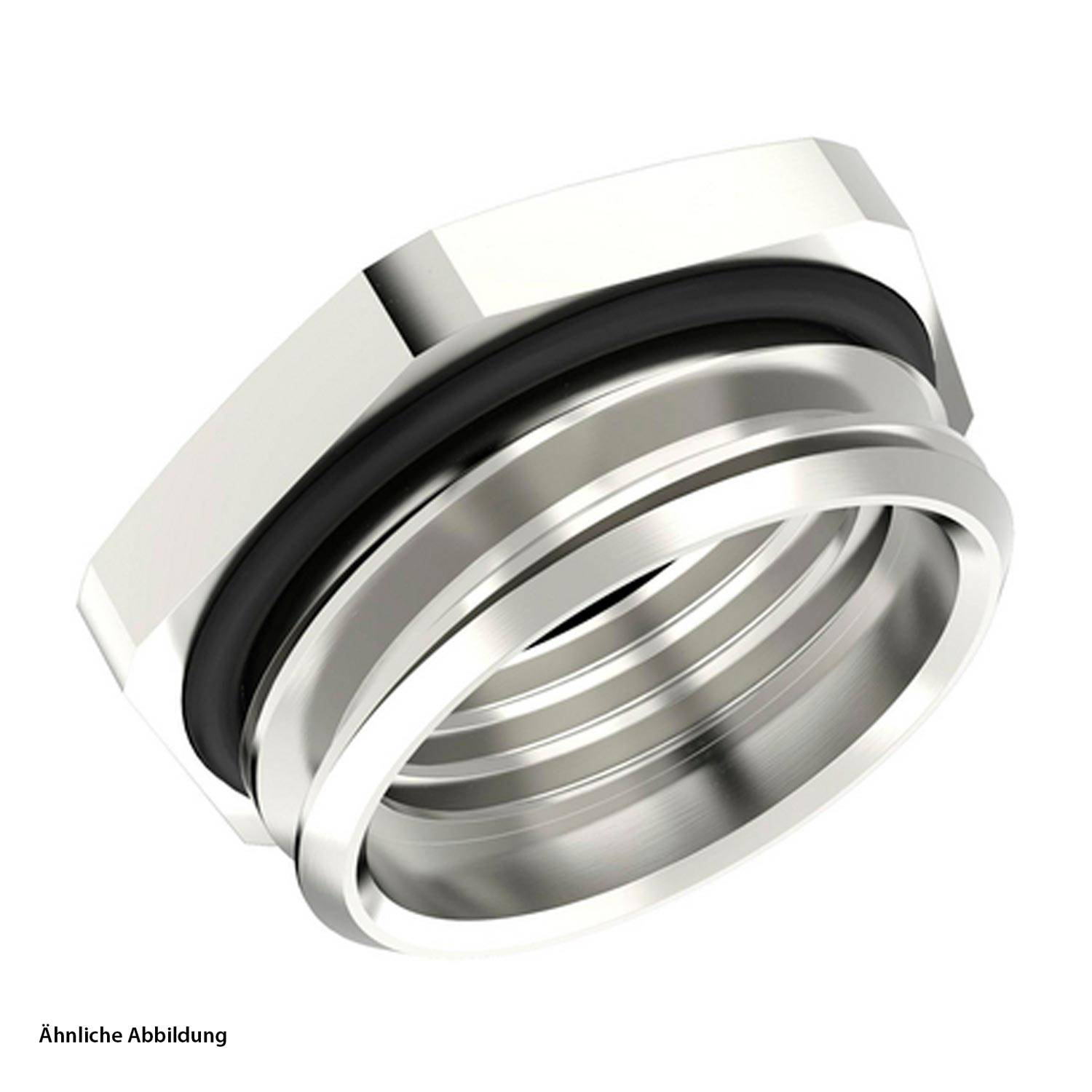 Nahaufnahme eines metallischen sechseckigen Bauteils mit einem schwarzen Gummiring, möglicherweise eine mechanische Dichtung oder ein Verbindungsteil.