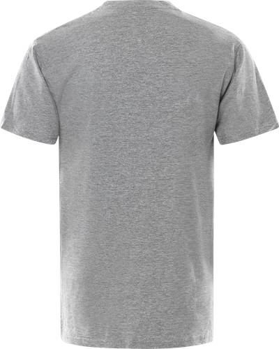Ein schlichtes graues T-Shirt, das vor einem schwarzen Hintergrund präsentiert wird und die Rückansicht mit kurzen Ärmeln und einem einfachen Design zeigt.