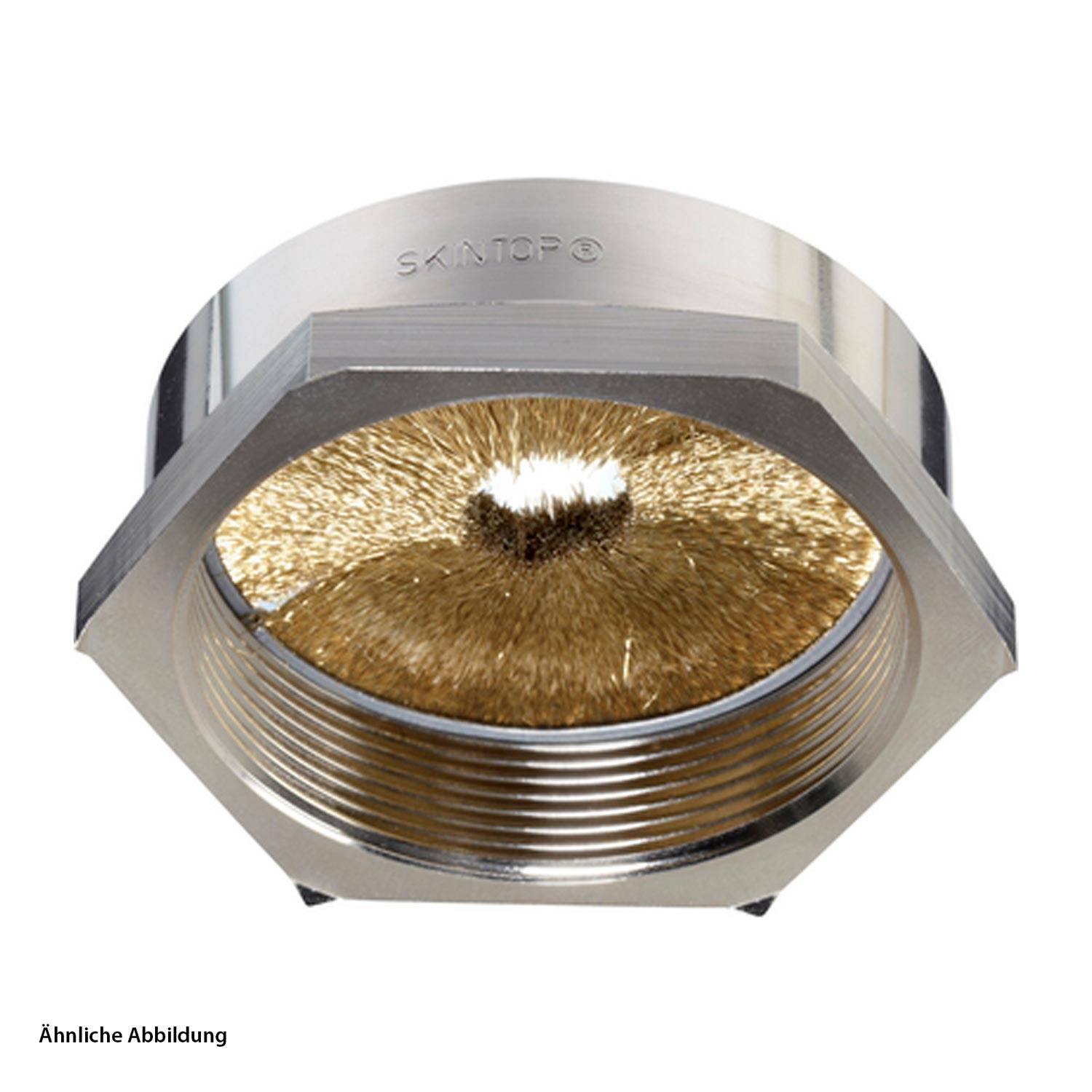 Ein rundes Reinigungsbürstenaufsatz mit Borsten, in einem metallischen sechseckigen Gehäuse untergebracht, der für die Wartung von Industrieanlagen verwendet wird.