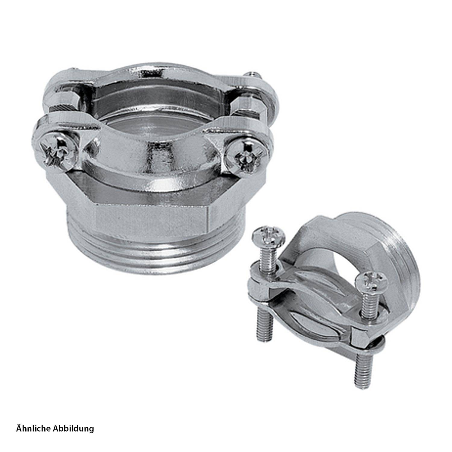 Eine Nahaufnahme von zwei metallischen Rohrleitungsverbindern, einem größeren und einem kleineren, jeweils mit kreisförmigem Design und Schraubbefestigungen.