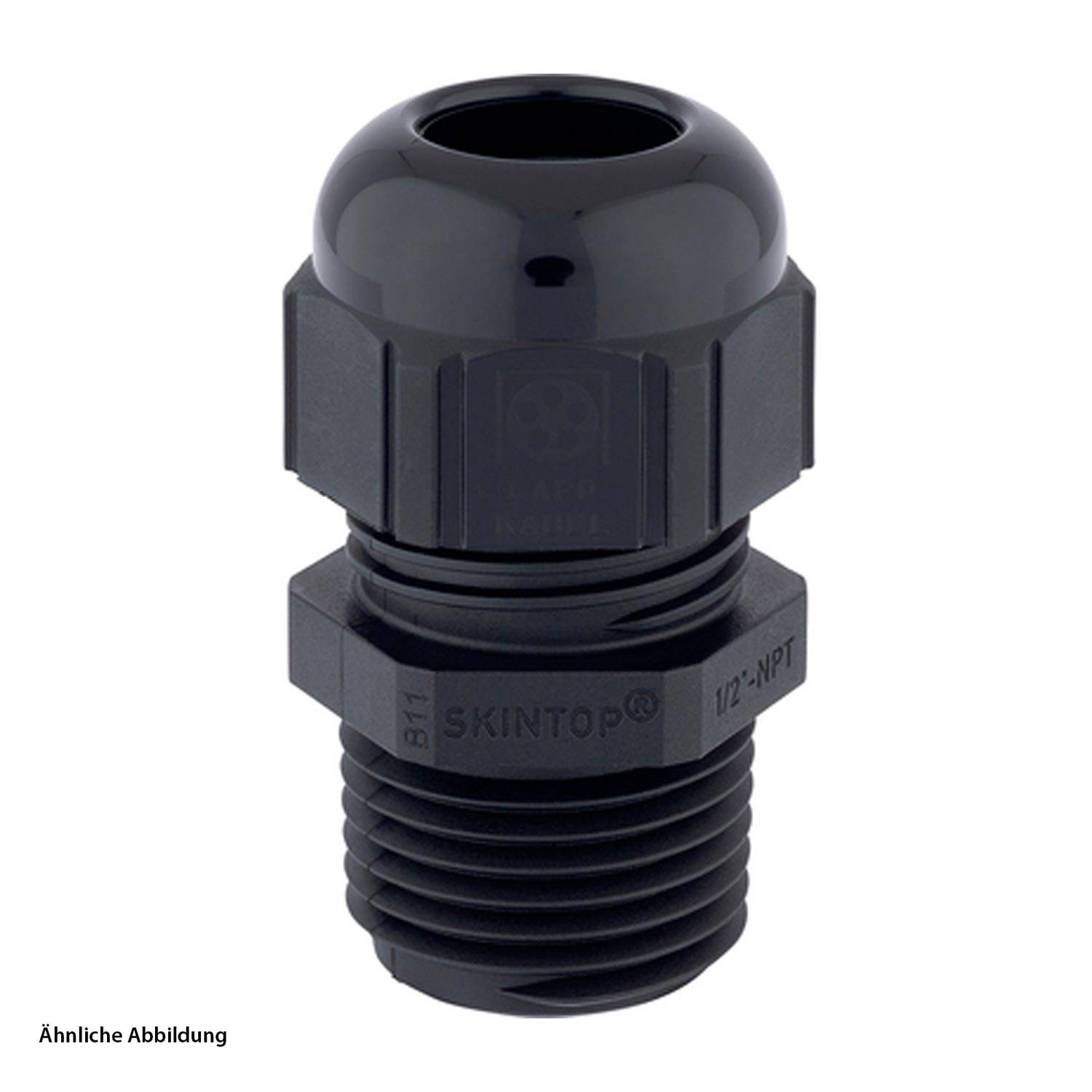 Eine schwarze Kabeleinführung mit Gewindelager und einer kuppelförmigen Kappe, gekennzeichnet mit „SKINTOP 1/2 NPT