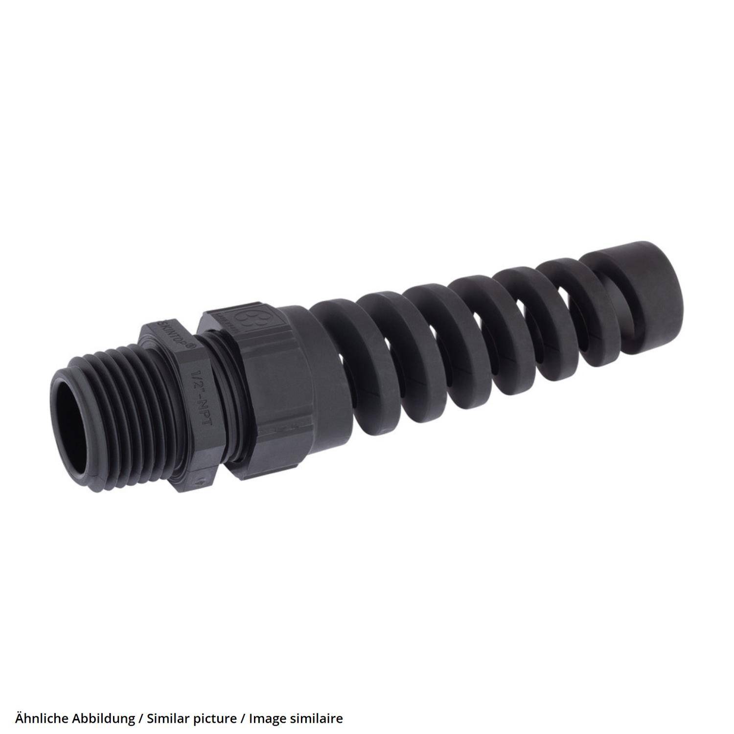 Ein schwarzes, gewindeltes, zylindrisches Kunststoffbauteil mit einer flexiblen, spiralförmigen Verlängerung, wahrscheinlich zur Kabelschutz- oder Zugentlastungsarmatur verwendet.