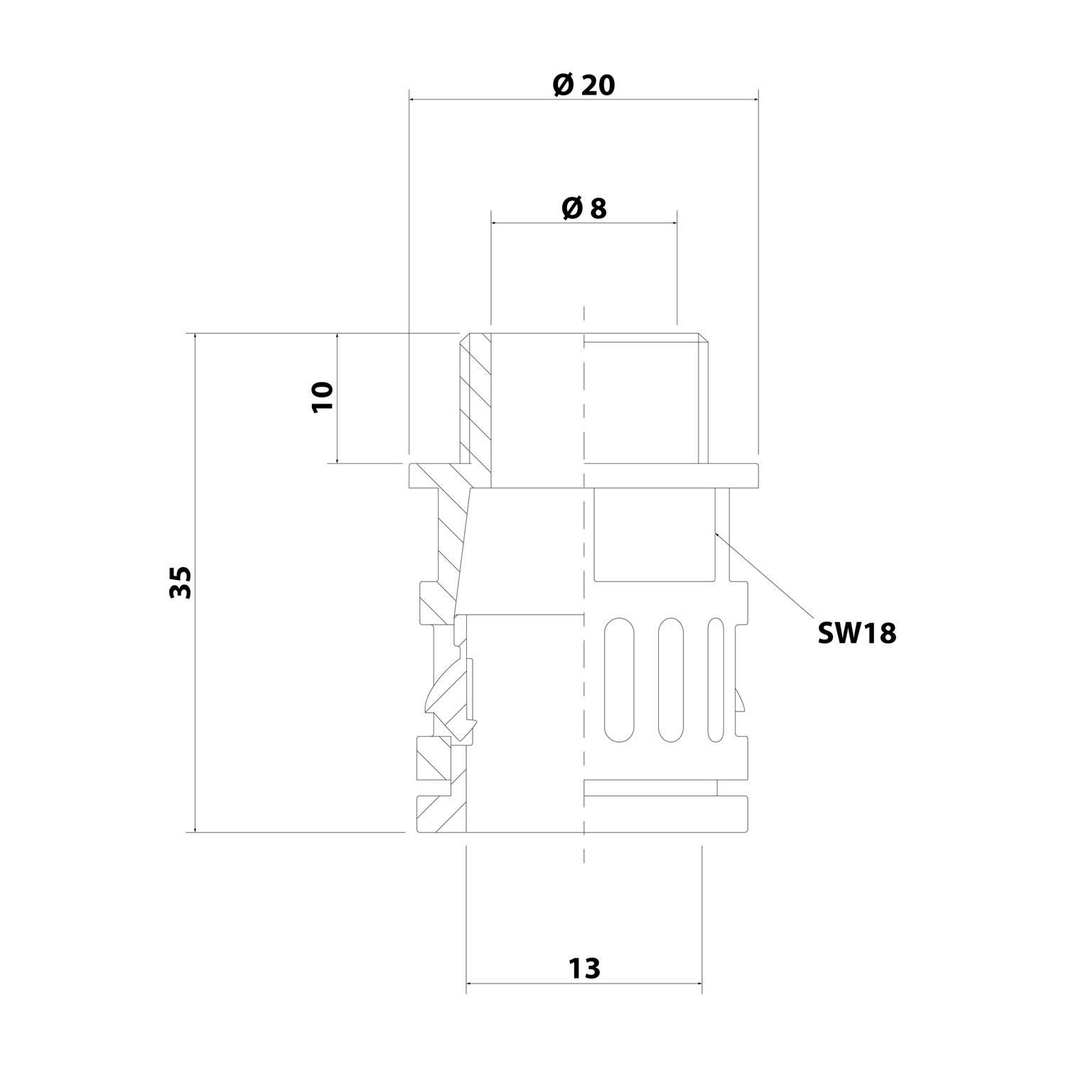 Technisches Diagramm eines zylindrischen Teils mit Abmessungen: Gesamthöhe 35, Durchmesser oben 20, Durchmesser des kleineren Abschnitts 8 und eine Basis von 13 Einheiten. Enthält die Bezeichnung 'SW18'.