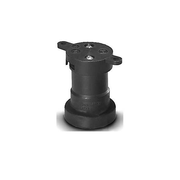 Ein schwarzer, zylindrischer Industriestecker mit vier Schraubenlöchern auf der Oberseite, verwendet für sichere elektrische Verbindungen.