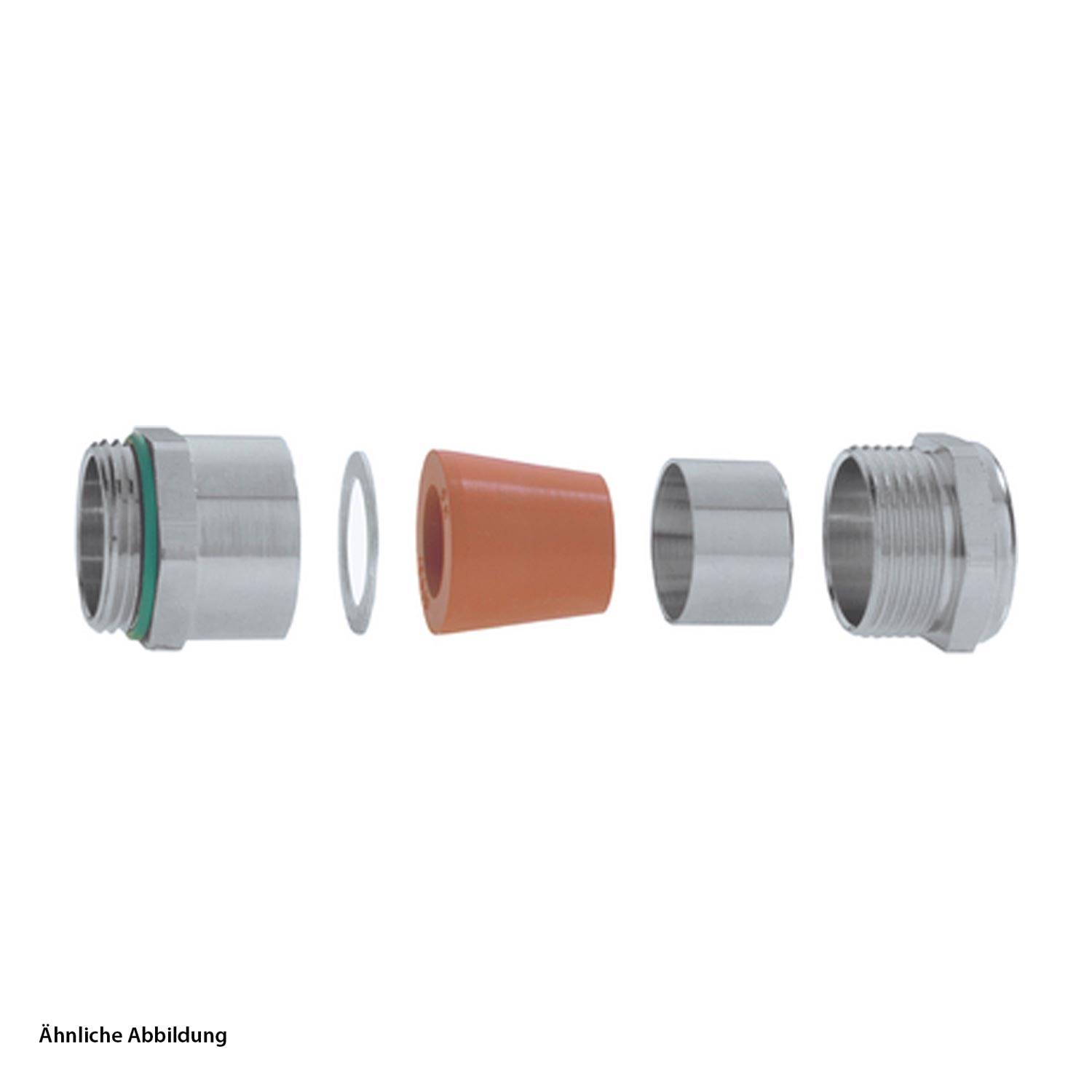 Metallfitting mit separaten Komponenten: Gewinde-Steckverbinder, Dichtungsring, orange Isolator, Metallhülse und sechskantmutter.