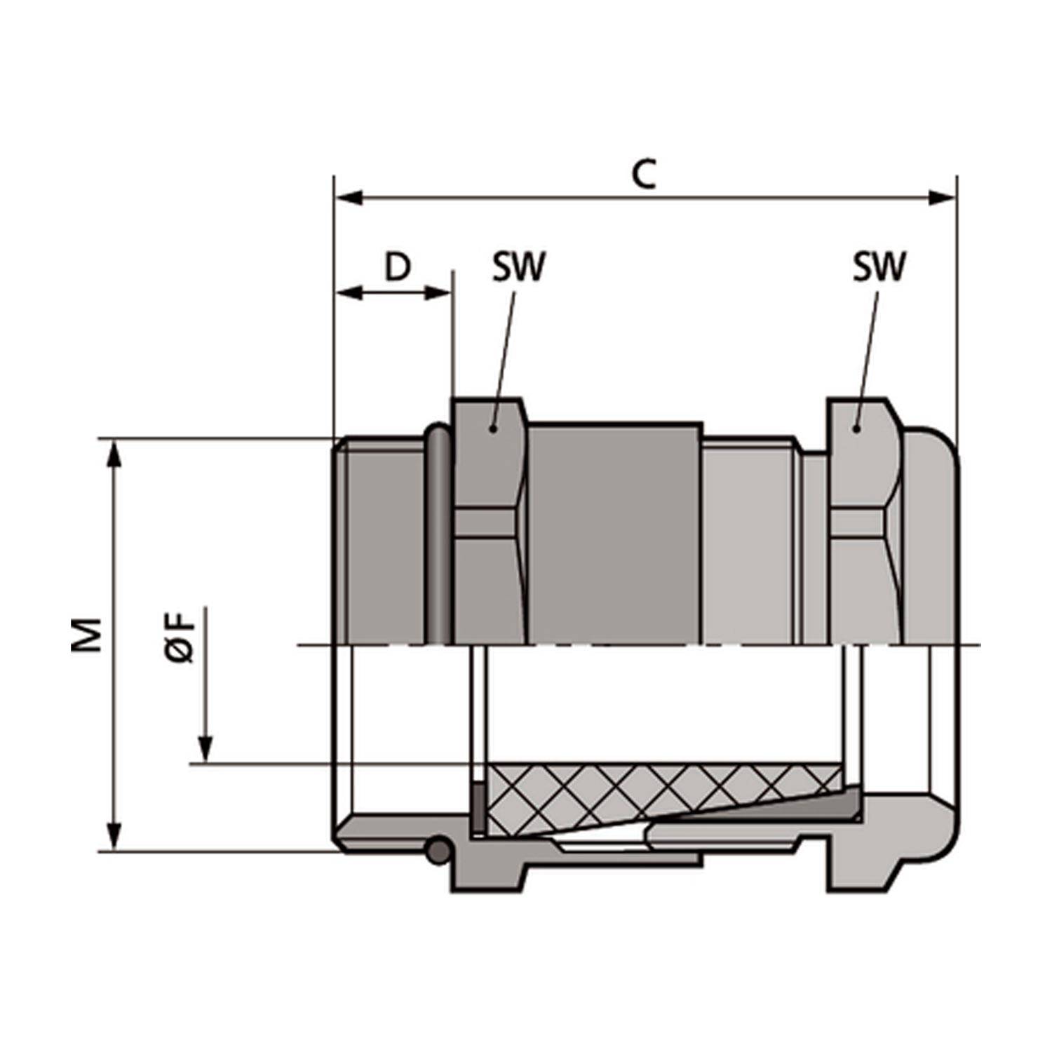 Schaltplan für mechanische Verbindungselemente mit beschrifteten Abmessungen: C, D, SW, M, ØF.