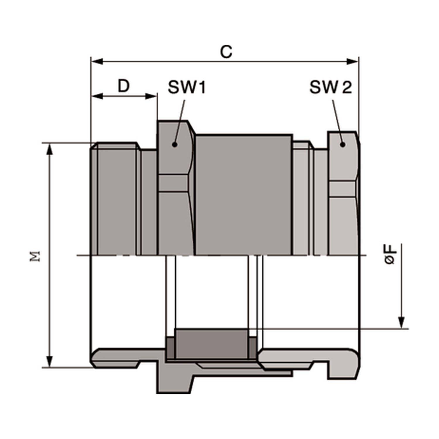 Technische Zeichnung einer mechanischen Komponente mit beschrifteten Abmessungen: C, D, SW1, SW2, M und ØF. Pfeile zeigen auf verschiedene Teile.