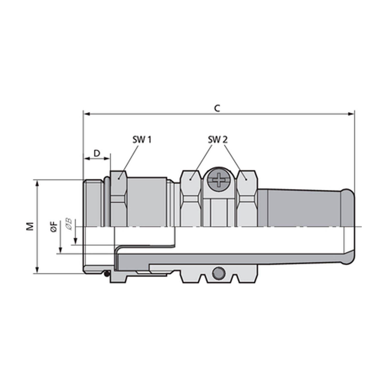 Technische Zeichnung einer hydraulischen Verschraubung. Seitenansicht zeigt Abmessungen: M, C, OF, D, SW1, SW2. Details geben präzise mechanische Spezifikationen an.