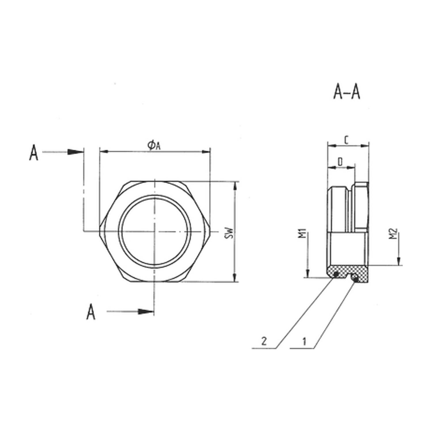Technische Zeichnung einer sechskantigen Mutter mit Draufsicht und Seitenansicht mit beschrifteten Abmessungen und Querschnittsdetails A-A.
