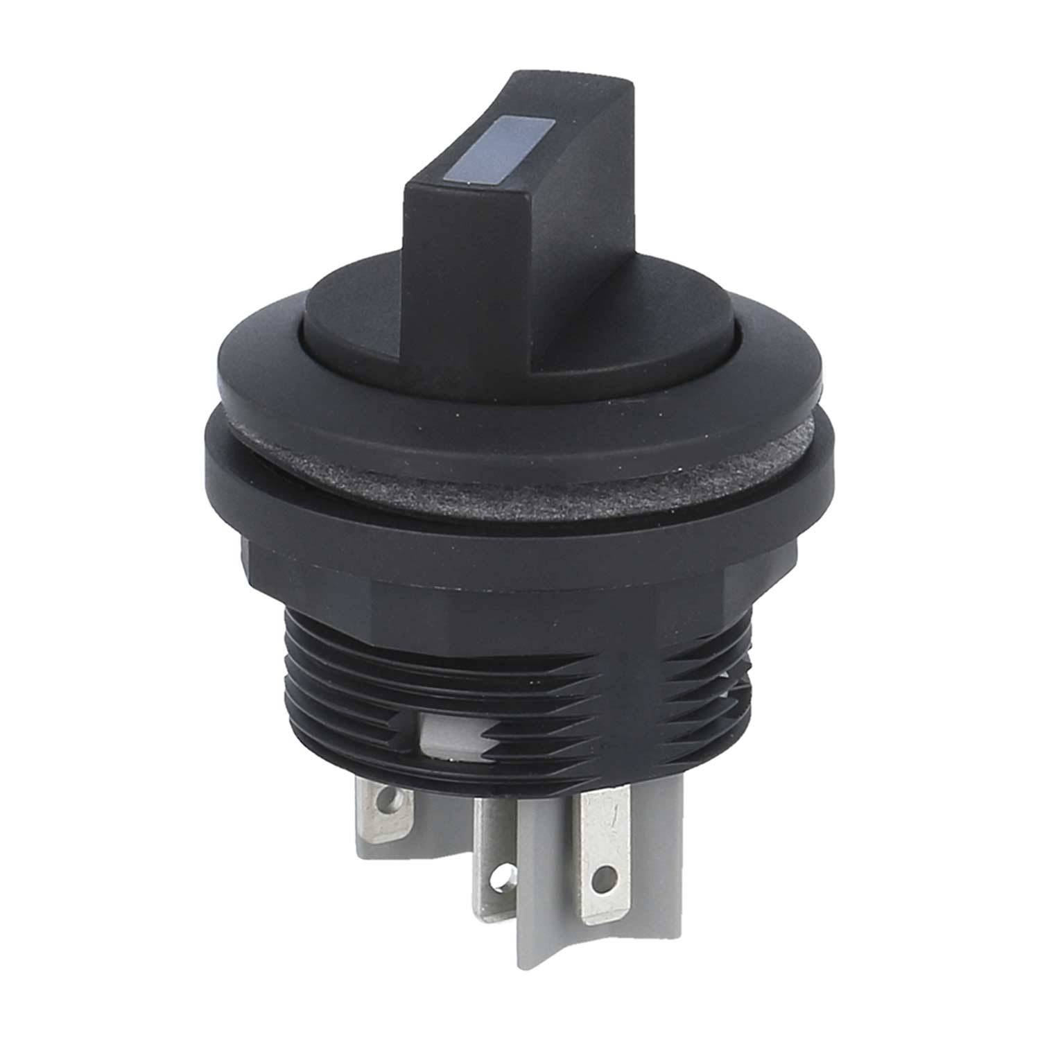 Ein schwarzer Drehschalter mit drei Metallanschlüssen am Boden, zur Befestigung auf einer Platte konzipiert und für elektrische Anwendungen vorgesehen.