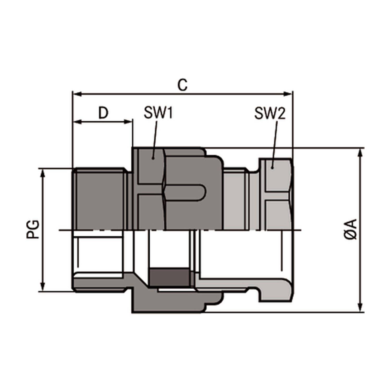 Technisches Diagramm eines Rohrverbinders mit beschrifteten Abmessungen: PG, D, C, SW1, SW2 und ØA, zeigt detailliertes Design und Messungen.