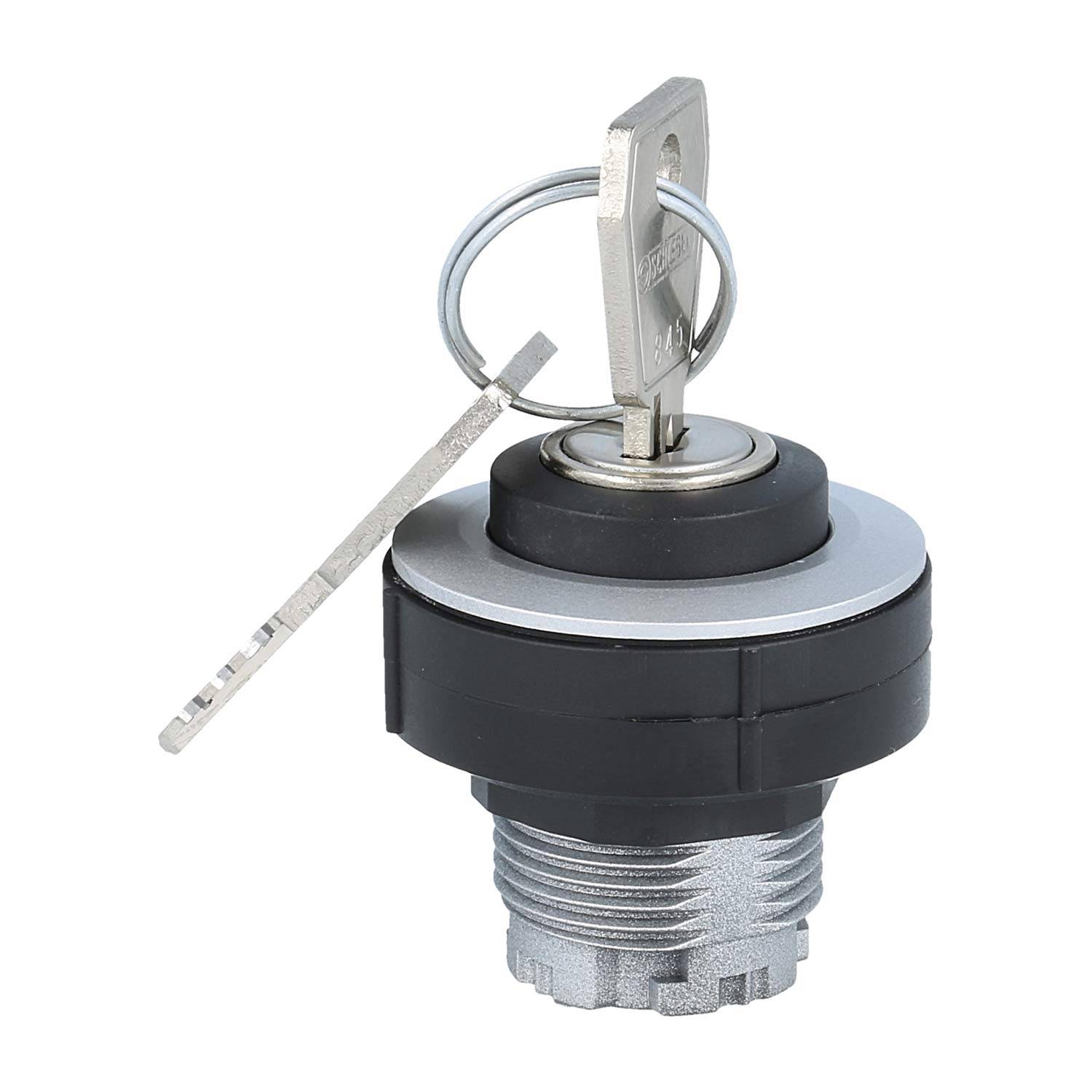 Ein Metallschlüssel, der in ein zylindrisches Schloss eingeführt wird, mit einem Schlüsselring, der auf einen Mechanismus zum Sichern oder Aktivieren eines Geräts hinweist.