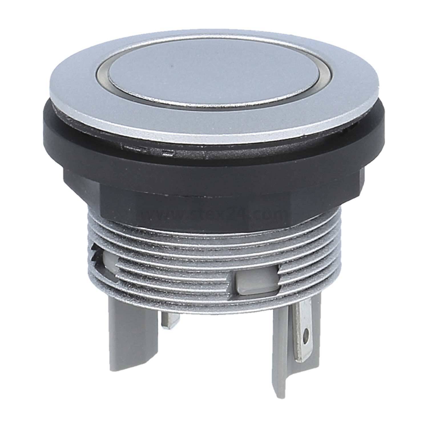 Ein runder, metallischer Drucktaster mit einem schwarzen Ring, drei Metallstiften für Anschlüsse, entwickelt für elektronische Geräte.