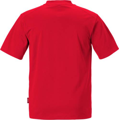 Ein einfaches rotes T-Shirt, von hinten gezeigt, mit Rundhalsausschnitt und kurzen Ärmeln.