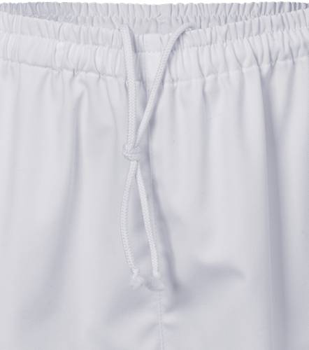 Weiße Kordelzugschnur am elastischen Bund der Hose, die das Kleidungsstück im Detail präsentiert.
