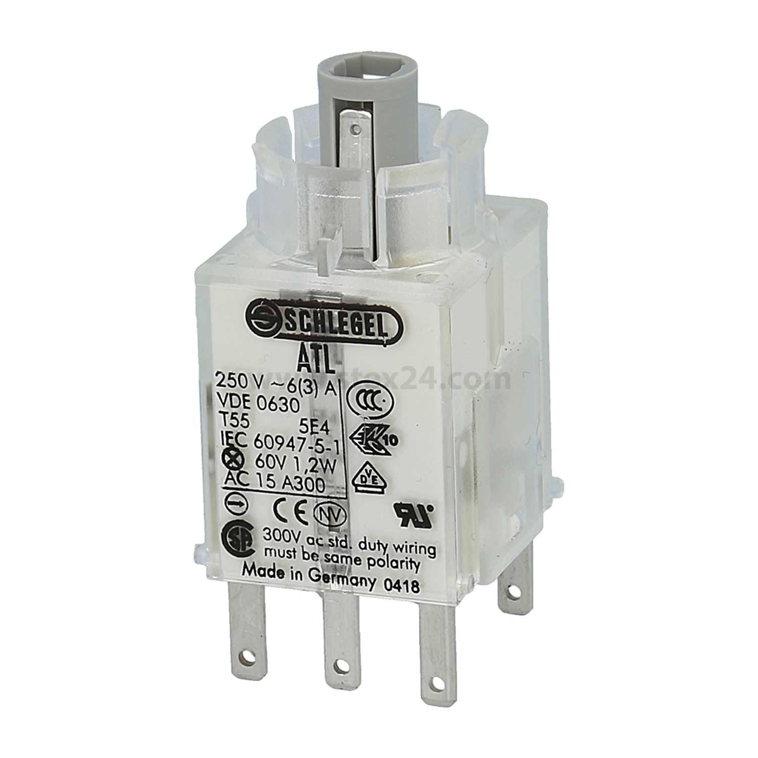 Ein weißer Elektroschalter mit mehreren Metallanschlüssen ist mit „Schlegel ATL