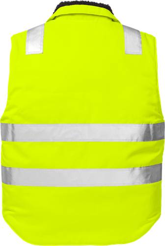 Eine Warnweste in signalgelber Neonfarbe mit reflektierenden horizontalen Streifen.