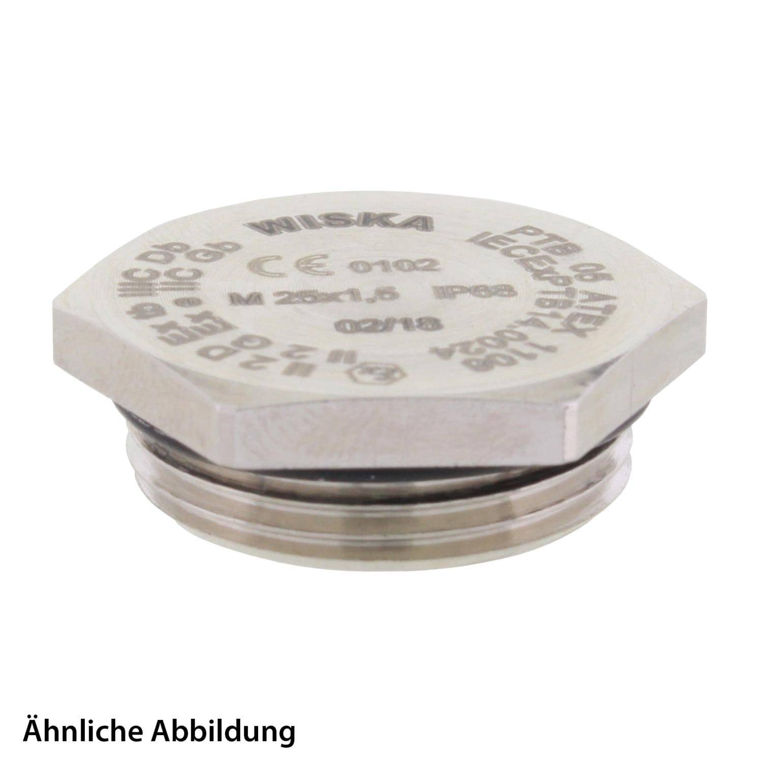 Ein Metallsechskantbolzen mit gravierten Sicherheits- und Konformitätsmarkierungen, einschließlich 'WISKA', 'CE 0102' und Druckinformationen, von oben betrachtet.