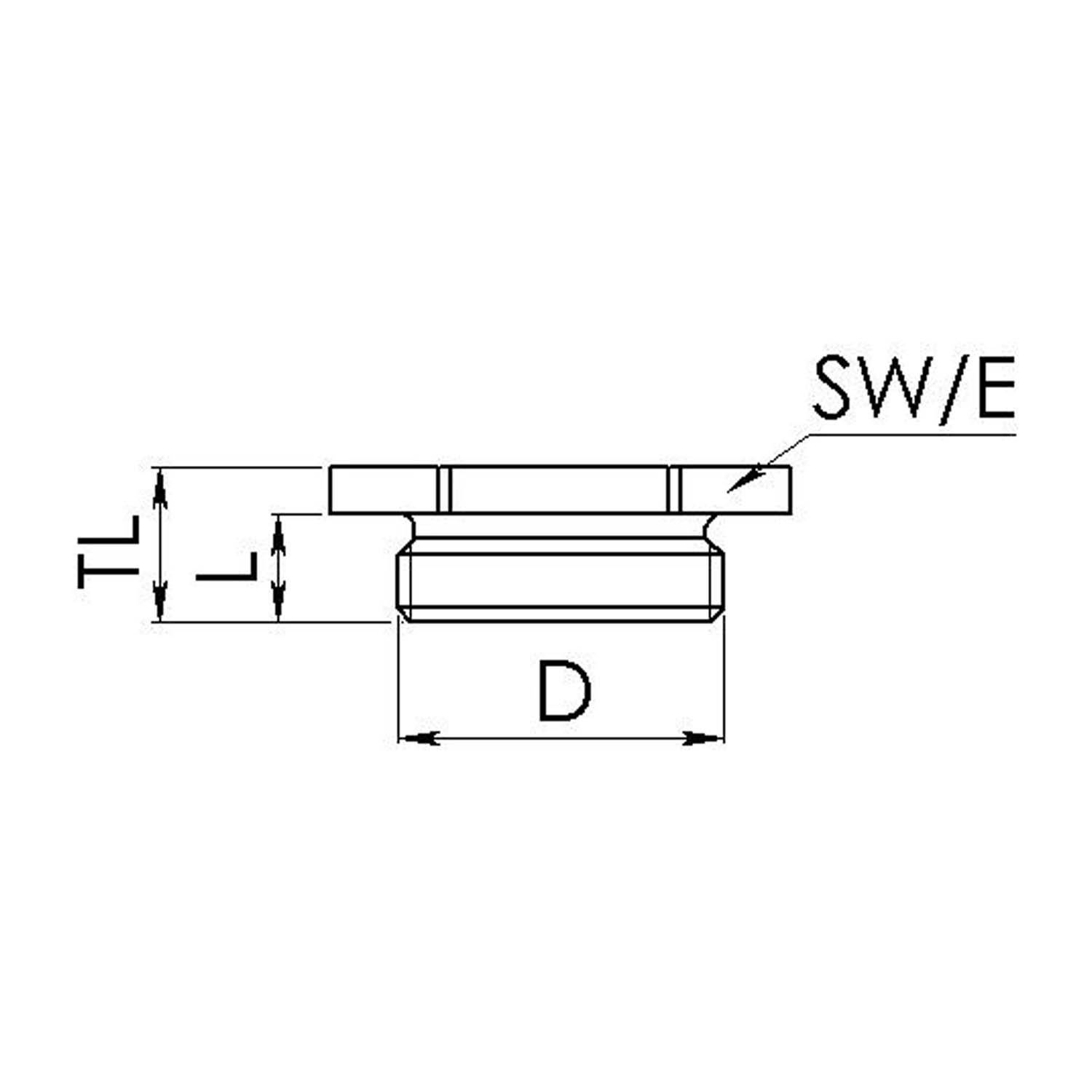 Technische Zeichnung einer Flansche mit beschrifteten Abmessungen: TL für Dicke, L für Länge, D für Durchmesser und SW/E für Größenspezifikation.