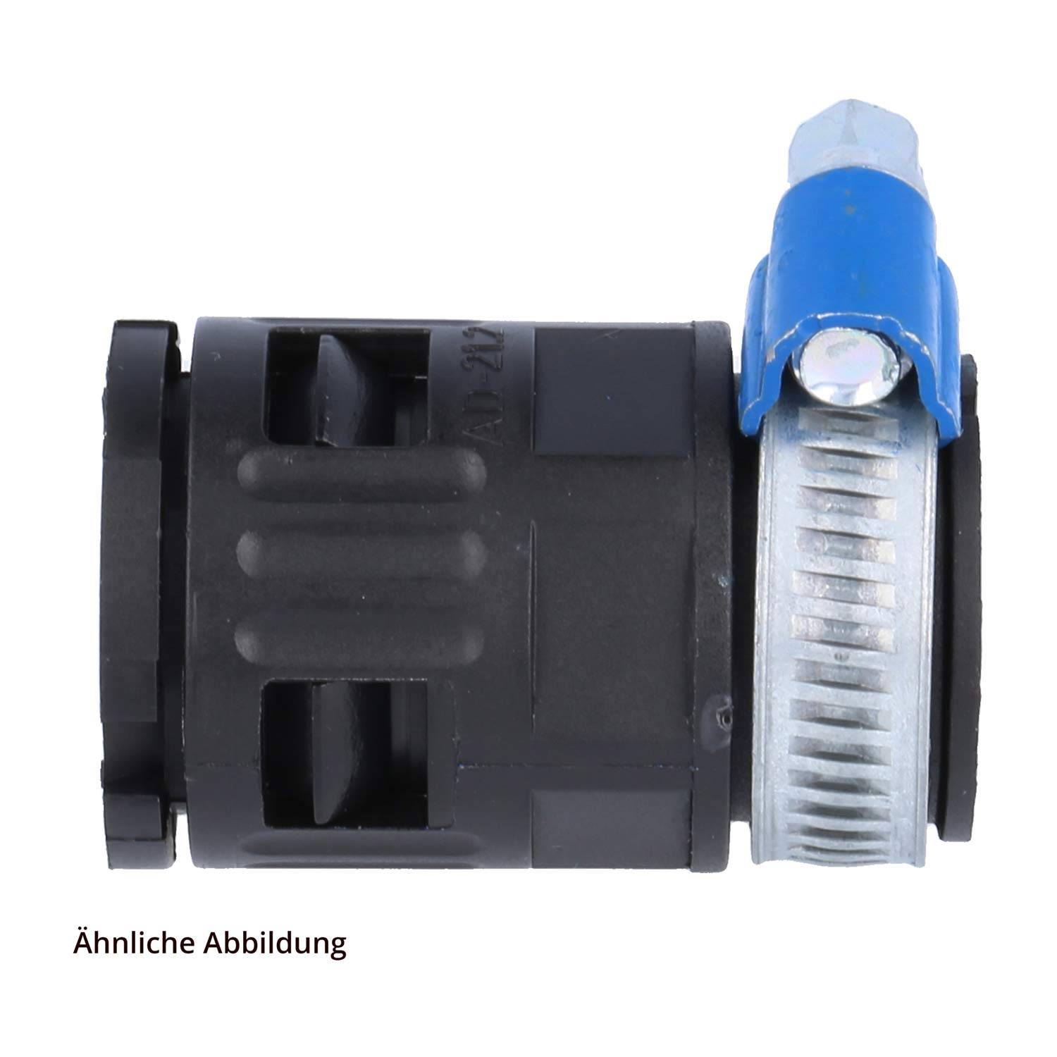 Eine Nahaufnahme eines mechanischen Rohrverschlusses mit einer blauen Schelle, der zum sicheren Verbinden von Schläuchen und Rohren verwendet wird.