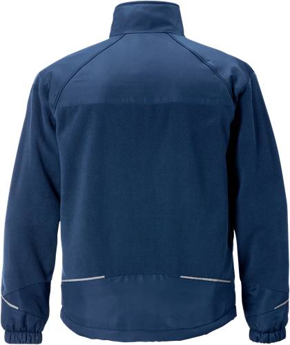 Eine Rückansicht einer dunkelblauen Jacke mit langen Ärmeln und hohem Kragen, die Nähte und Stickdetails zeigt.