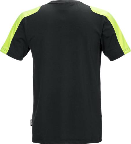 Ein schwarzes T-Shirt mit leuchtend gelben Streifen entlang der Schultern und Ärmel.
