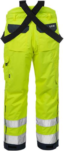 Helle gelbe Hose mit mehreren Taschen, höchstwahrscheinlich für praktische oder Outdoor-Aktivitäten konzipiert.