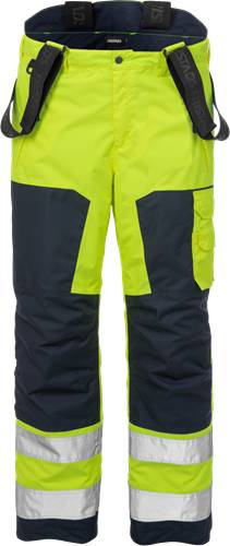 Zweifarbige Arbeitshose in Gelb und Navy, mit seitlicher Tasche, geeignet für Sichtbarkeit und Funktionalität in Außen- oder industriellen Bereichen.