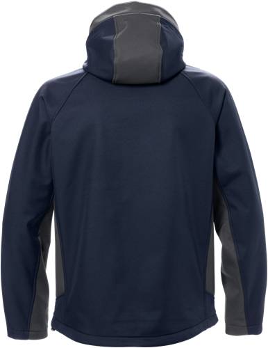 Eine marineblau Jacke, von hinten gesehen, mit einem hohen Kragen und einem kontrastierenden grauen Innenfutter, mit einem schlanken, glatten Design.