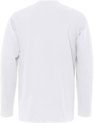 Ein schlichtes weißes Langarmshirt, von hinten gezeigt, das sein einfaches und minimalistisches Design präsentiert.