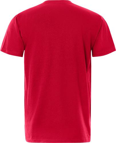 Rotes T-Shirt, von hinten gezeigt, mit kurzen Ärmeln und nahtlosem Design.