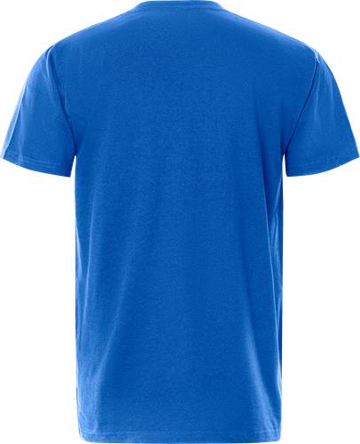 Ein einfarbiges blaues T-Shirt, von hinten präsentiert, vor einem schwarzen Hintergrund.