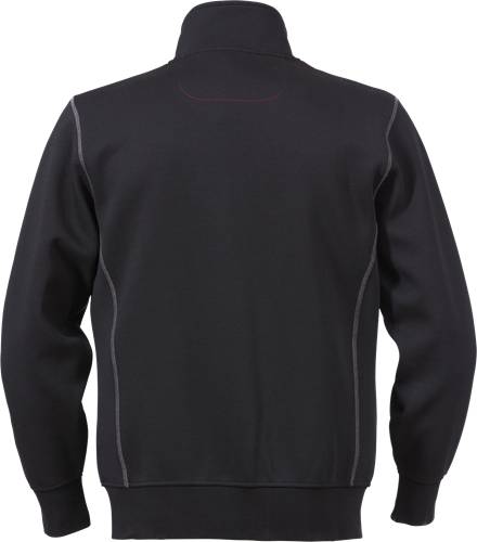 Eine schwarze Jacke wird von hinten gezeigt, mit grauen Nähteakzenten. Das Design ist schlicht und betont die Struktur und Passform der Jacke.