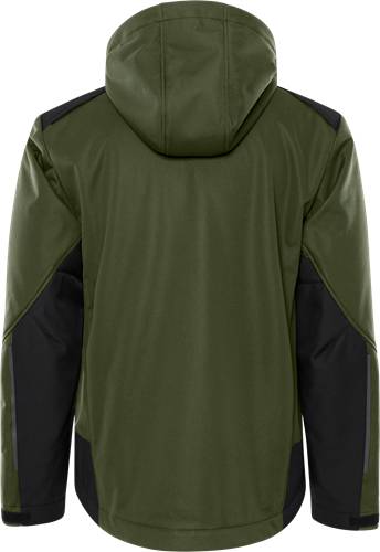 Grüne und schwarze Kapuzenjacke von hinten, die kontrastierende Farben und Nahtdetails zeigt.