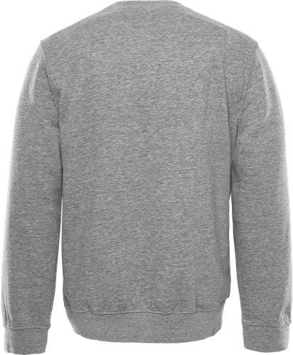 Ein schlichter grauer Rundhals-Pullover, von hinten gesehen, mit langen Ärmeln sowie gerippten Bündchen an den Ärmeln und am Saum.