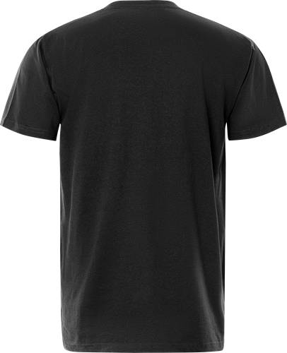 Ein einfaches schwarzes T-Shirt, frontal auf einem neutralen Hintergrund präsentiert.