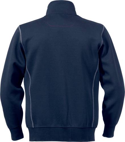 Rückansicht einer marineblauen Jacke mit heller Stickerei entlang der Nähte, die die Struktur und das Design des Kleidungsstücks hervorhebt.