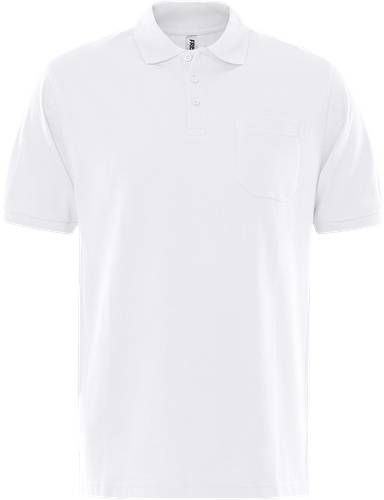 Weißes Poloshirt mit Kragen und Knöpfen, mit einer Tasche auf der linken Brust. Schlichte und klassische Gestaltung auf schwarzem Hintergrund.